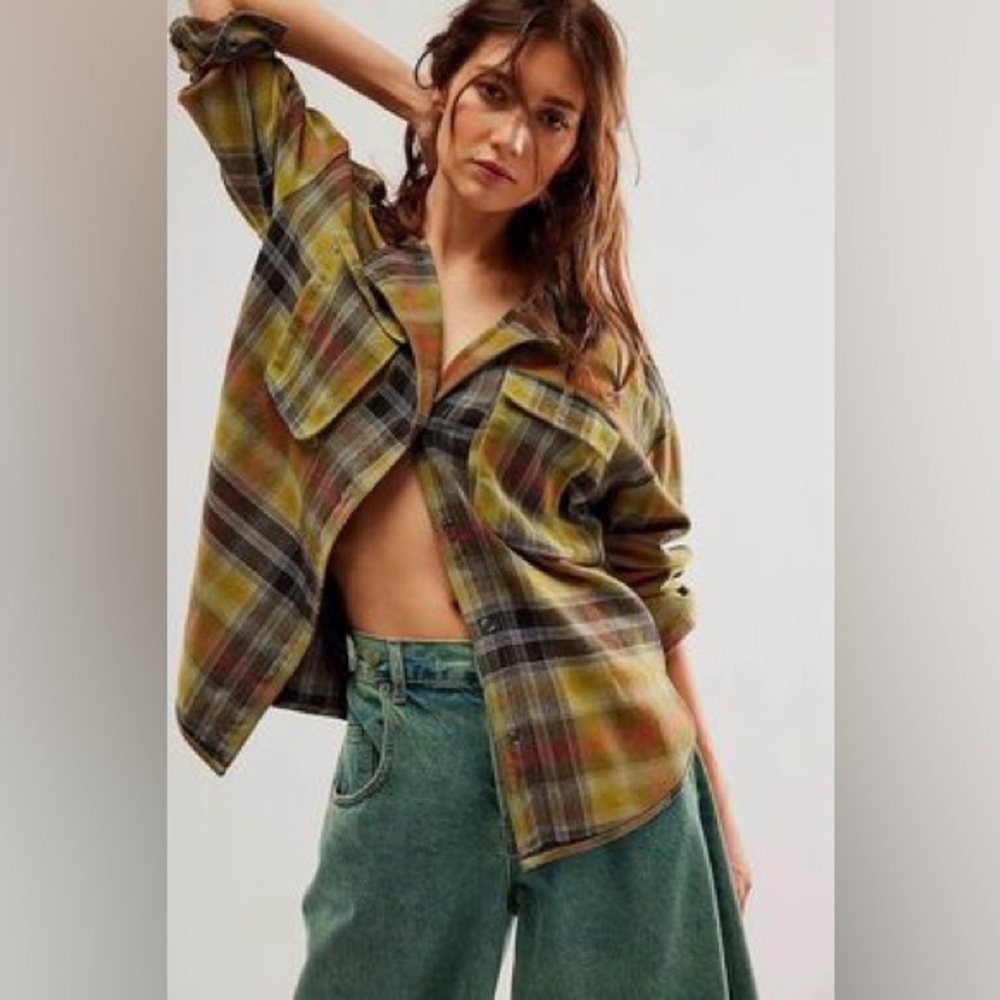 Free People Izzy Cargo Oversized Flannel shirt Jacket We the Free Green Medium